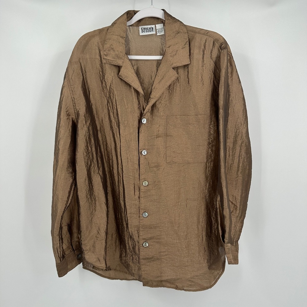 Chicos Design Womens Sheer Button Front Top Sz 2 US L Bronze Metallic Minimalist